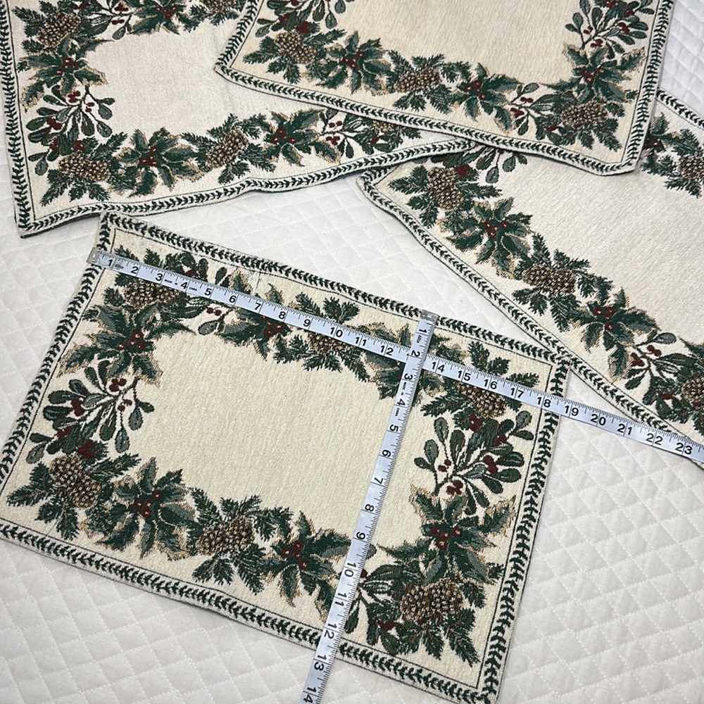 4 Winter - Christmas Style Placemats. Embroidered with Pinecones and Holly.